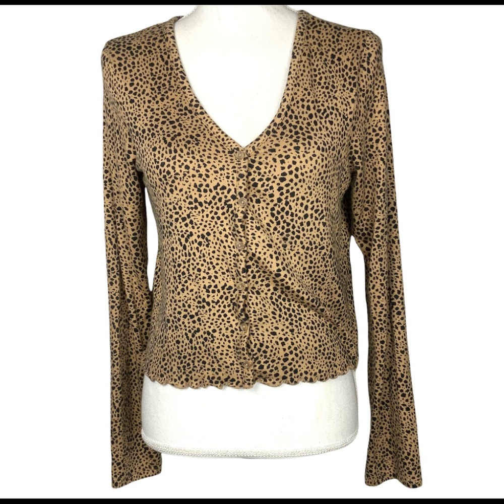 American Eagle Women’s Cardigan Sweater Medium Animal Print Tan Black Vneck